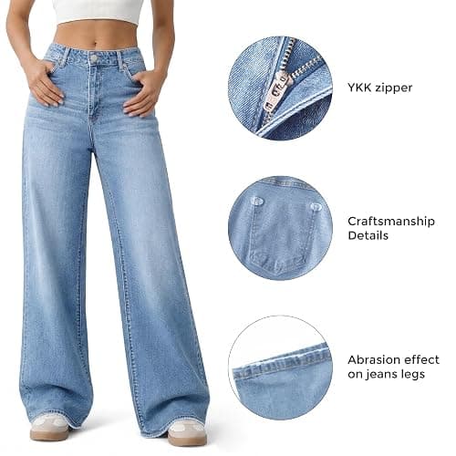 Mars power Women's Wide Leg Jeans High Waisted Baggy Straight Denim Pants | Trendy,Raw Hem,Distressed Pockets,Loose Stretchy,Boyfriend Fit,Cofortable,Relaxed,Casual Wear,Streetwear,Oversized,High Rise thumbnail 5