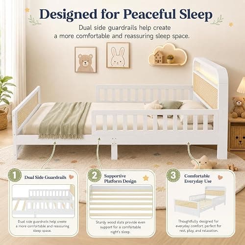 Twin Bed with Rails, Wood Twin Bed Frame with LED Lights and Storage Headboard, Twin Platform Bed Frame with Headboard, Wooden Twin Bed Frame for Kids with Side Rails, No Box Spring Needed, White thumbnail 5