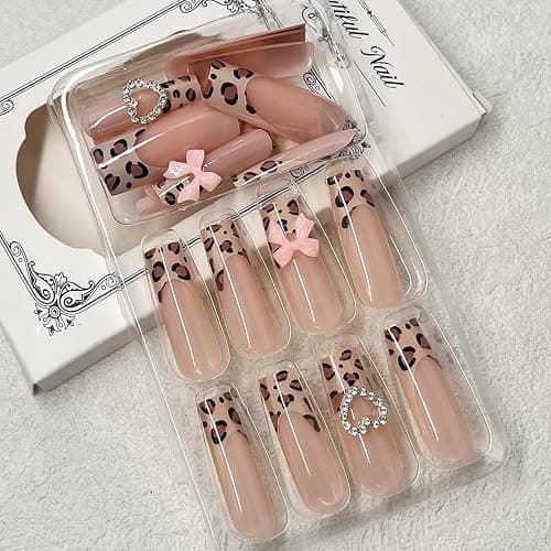 Long Square Press on Nails French Leopard Print Stick on Nails with 3D Bow Love Design Glue on Nails Cute Nude Fake Nails Rhinestone False Nails Glossy Acrylic Nails Full Cover Nails for Women 24Pcs thumbnail 6