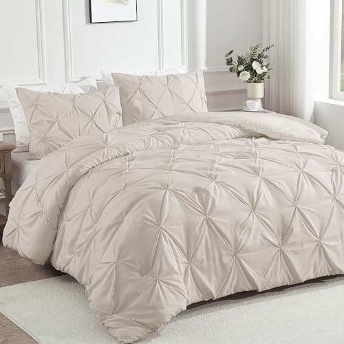 Andency Beige Comforters Queen Size, 3 Pieces Cream Bedding Set & Collections for Women Men, All Season Soft Fluffy Lightweight Pinch Pleat Bed Comforter Set (90x90Inch) thumbnail 2