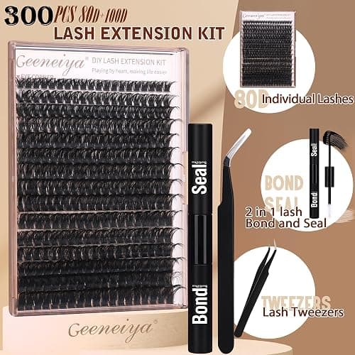 Geeneiya Volume Lash Clusters Kit DIY Lash Extension Kit D Eyelash Extensions with Lash Bond and Seal Tweezers,10-14mm Eye Corner Eyelashes and 16-18MM Cluster Lashes 300Pcs thumbnail 2
