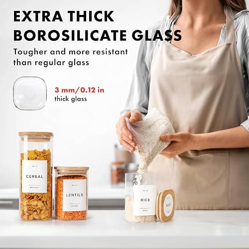 Square Glass Storage Containers with Bamboo Lids 12-Pack (4x 30 oz, 8x 17 oz) Airtight Storage Jars with Lids for Food, Stackable Kitchen Canisters with 114 Labels for Pantry [Thicker Glass 3mm] thumbnail 6