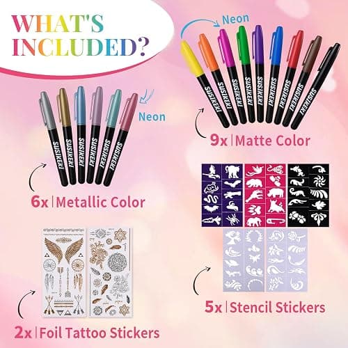 Temporary Tattoo Marker for Skin, 15 Colors Tattoo Pen + 50 Stencils for Painting + 43 Henna Tattoo Sticker, Glitter & Matte & Neon Glow Face Body Paint Markers for Teens and Adult thumbnail 2