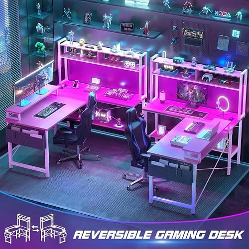 Aheaplus L Shaped Gaming Desk with Power Outlets & LED Lights, Small L- Shaped Desk Computer Corner Desk with Monitor Stand & Storage Shelf, Home Office Desk Writing Desk with Storage Bag, Pink thumbnail 7
