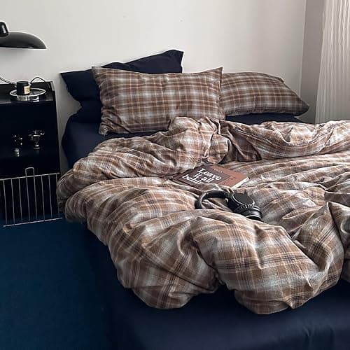 EAVD Vintage Buffalo Plaid Duvet Cover King 100% Washed Cotton Brown&Blue | 3-Piece Aesthetic Bedding Set, Reversible Gingham Pattern, 1 Duvet Cover with 2 Pillowcases, Retro Farmhouse, Zipper Closure - Image 1