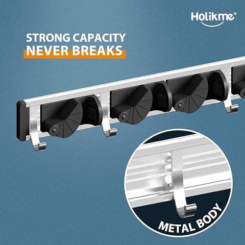 Holikme Mop Broom Holder Wall Mount Metal Pantry Organization and Storage Garden Kitchen Tool Organizer Wall Hanger for Home Goods (4 Positions with 4 Hooks, Black) thumbnail 3