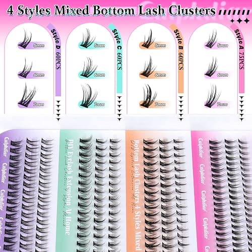 calphdiar Bottom Lash Clusters Kit DIY Eyelash Extensions 4 Styles Bottom Lashes Extension Kit Wispy Lower Eyelash Clusters Kit 5-7mm Natural Individual Lashes 225Pcs for Bottom Lash Extension thumbnail 3