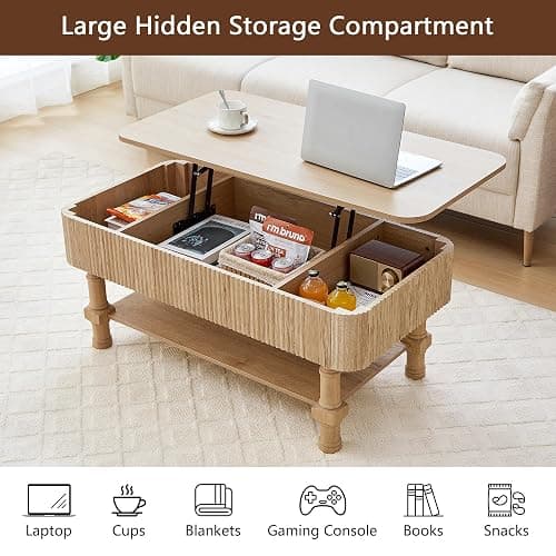 39” Large Lift Top Coffee Table with Hidden Storage Compartment, Fluted Coffee Tables Fully Assembled Wooden Center Table, Mid Century Modern Lift Tabletop Dining Tables for Living Room Office,Natural thumbnail 5