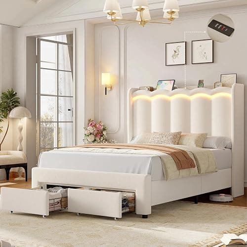 HIFIT Upholstered Full Size LED Bed Frame with Charging Station and 2 Storage Drawers, Beige Velvet Platform Bed Full Size, Camas Full with Double Wavy Wingback Headboard, No Box Spring Needed - Image 1