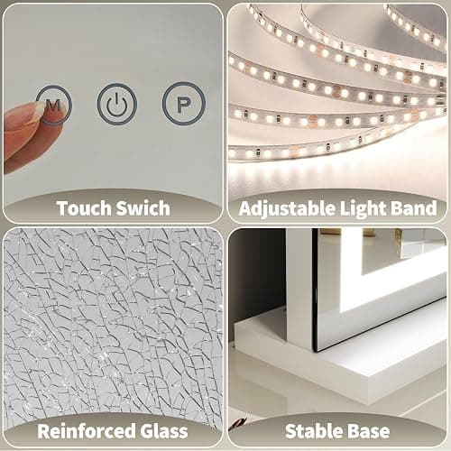 FENNIO 23" x 18" Vanity Mirror with Lights，LED Makeup Mirror，Hollywood Mirror with 3 Color Modes & Adjustable Brightness，Vanity Mirror Square White thumbnail 6