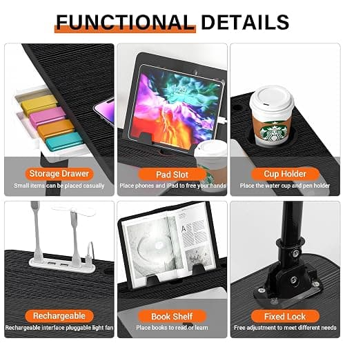 DECOSIS Laptop Desk for Bed Height Adjustable, Lap Bed Table with USB/Storage Drawer/Cup Holder/Tablet Stand/Book Shelf, Foldable Breakfast Tray Portable for Reading Writing, Sofa & Floor, Black thumbnail 6