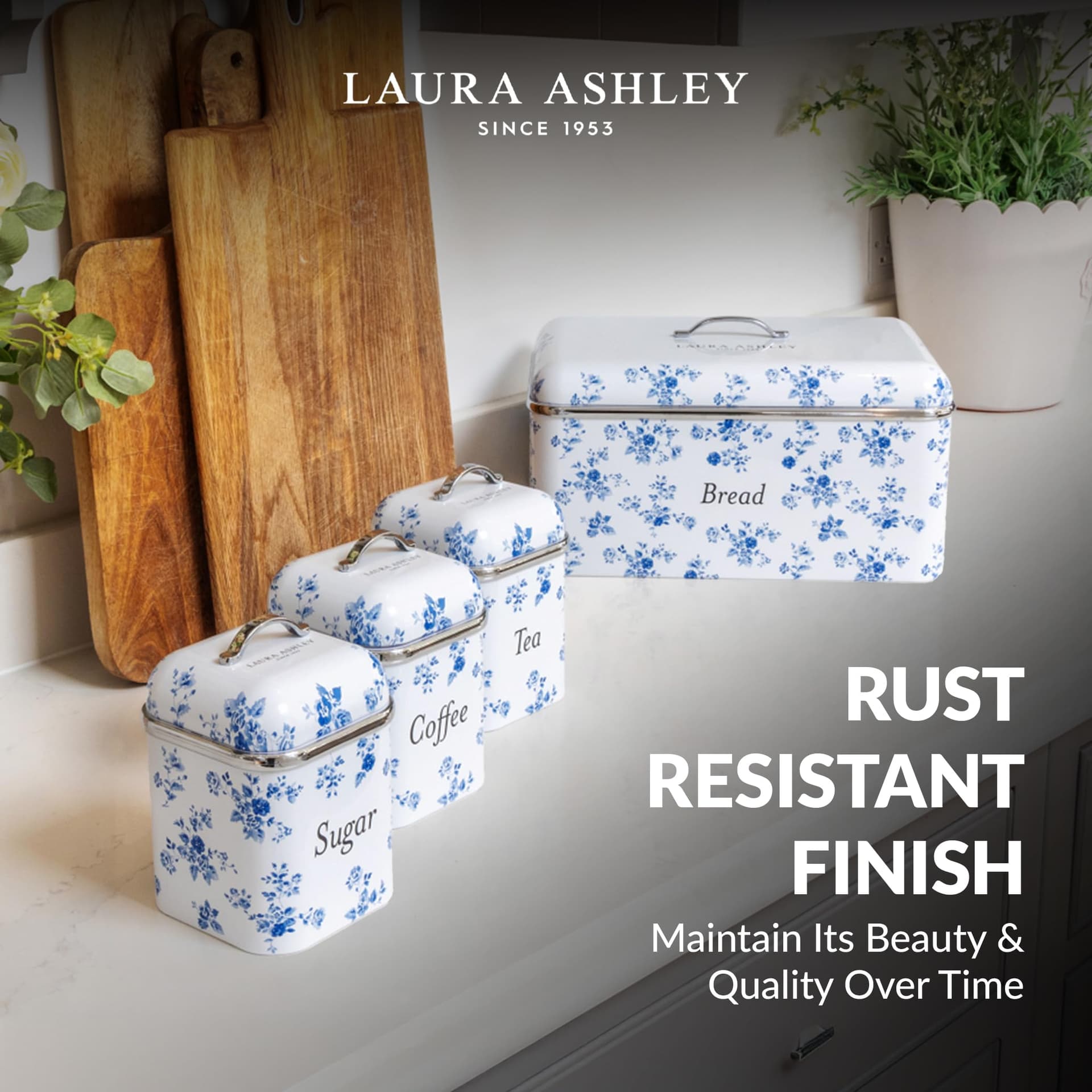 Laura Ashley Bread Storage Box with Lid by VQ - Large Bread Bin for Kitchen with Removable Lid - Easy to Clean Stainless Steel Bread Box with Hand-Applied Designer Print - China Rose thumbnail 5