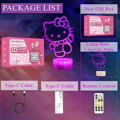 Colortown Cute Night Light - Anime Charater 7 Color Change Decor Kitty Lamp with Remote, Dim, Timer, Game Fan Gifts for Christmas Birthday Boys Girls - 1 thumbnail 3