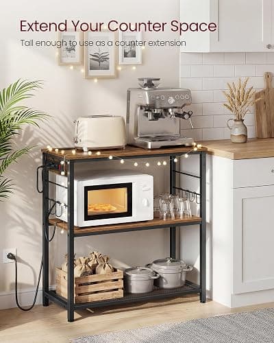 VASAGLE Kitchen Island with Power Strip, Microwave Oven Stand, Kitchen Shelf, Baker's Rack with 3 Open Shelves, 6 Hooks, Metal Frame, 15.7 x 31.5 x 35.4 Inches, Rustic Brown and Black UKKI102KD02S thumbnail 4