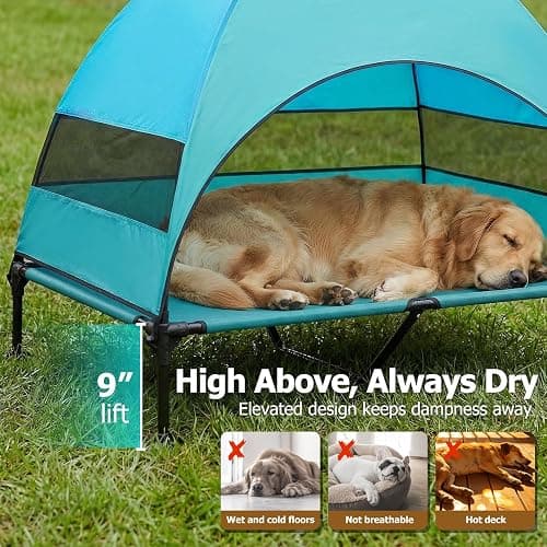 Elevated Dog Bed with UV-Proof Canopy, Outdoor Dog Tent with Powerful Adjustable Feet, Portable Pet Cot with Wider Shade, Raised Cooling Bed for Camping, Patio, Beach, Poolside thumbnail 4