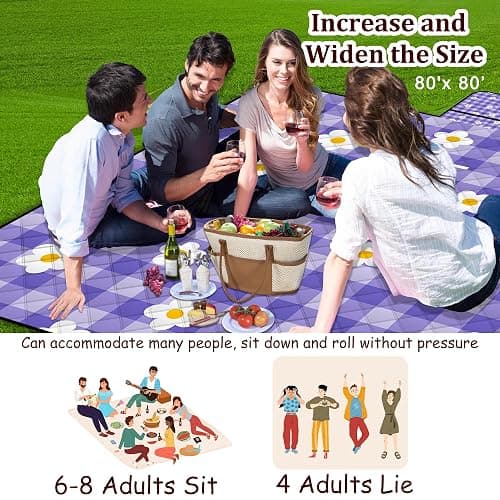 Extra Large Picnic Blanket Waterproof,80"x 80"Foldable Machine Washable Beach Blanket,Outdoor Blanket for 6-8 Adults,Suitable for Indoor Crawling,Park Beach,Camping,Hiking,Family Travel(Purple) thumbnail 5