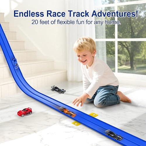 Flexible Race Track for Kids Starter Set - 20FT Flex Race Car Ramp Track with Strong Suction Cups, Rolls Up Portable DIY Racetrack Compatible with Hot Wheels & Diecast 1/64th Cars thumbnail 2