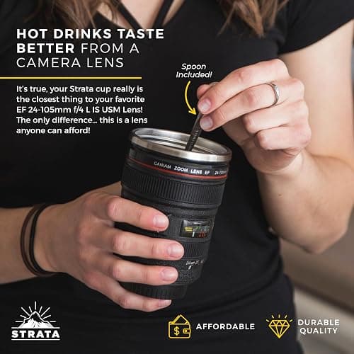 STRATA CUPS Camera Lens Coffee Mug -13.5oz | (2 LIDS + SPOON + BAG) Gift for Him, Dad Gifts, Photography, Camera accessories, Novelty Gifts thumbnail 7