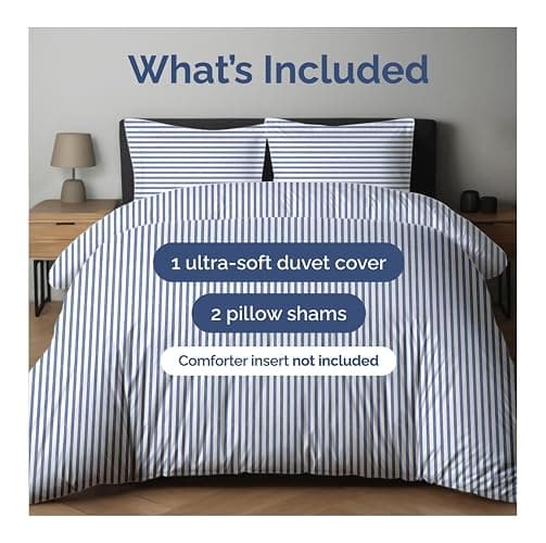 Duvet Cover Full Size Set - Extra Soft Full Duvet Cover 80" x 90" with 2 Pillow Shams for Women, Men, Kids & Teens - Hotel Luxury w/ Zipper Closures & Ties - Comfy, Cozy & Breathable (Blue Stripes) thumbnail 2