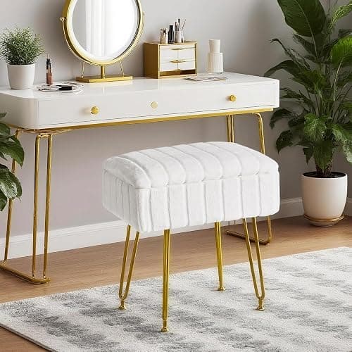 FUXA Vanity Stool Chair with Storage, White Faux Fur Makeup Chair with 4 Metal Legs and Anti-Slip Feet, Soft Padded Seat, Small Footrest Footstool Ottoman, Multifunctional Stool for Bedroom thumbnail 2