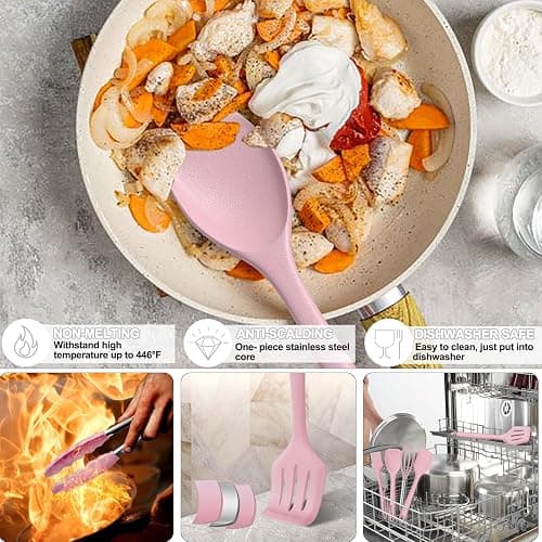 Umite Chef 22-Piece Silicone Cooking Utensils Set, Heat Resistant & Dishwasher Safe Kitchen Tools, Non-Scratch Spatula Set for Nonstick Cookware (Pink) thumbnail 4