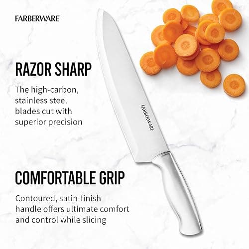 FARBERWARE 15-Piece Kitchen Knife Set with High-Carbon Stainless Steel Blades, Black Handles, Steak Knives, Wood Block, Razor Sharp and Ergonomic thumbnail 4