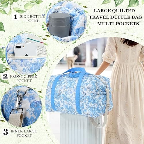 Dansydaisy Large Quilted Travel Duffle Bag for Women Floral Portable Gym Weekender Bag with Zipper Pockets Workout Grocery Pouch Duffle Gift Pouch for Christmas Work(Blue Floral) thumbnail 7