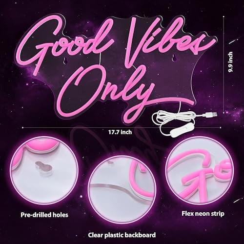 Kavaas Good Vibes Only Neon Signs for Wall Decor 17.7" x 9.9" | Pink Good Vibes Only LED Sign for Bedroom, Party, Bar, Salon - Best Gifts for Birthday, Christmas thumbnail 2
