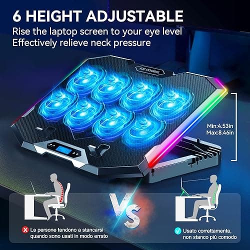 ICE COOREL Gaming Laptop Cooling Pad with 8 Cooling Fans, Laptop Fan Cooler Pad for 15-17.3 Inch, Notebook Cooler Stand with 6 Height Adjustable, RGB Cooling Pad with Two USB Port + Phone Stand thumbnail 4