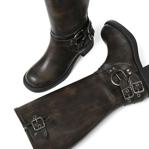 AMINUGAL Knee High Boots Women Square Toe Pull On Wide Calf Riding Fashion Buckles Chunky Metallic Casual Vintage Buckle Rivet thumbnail 5