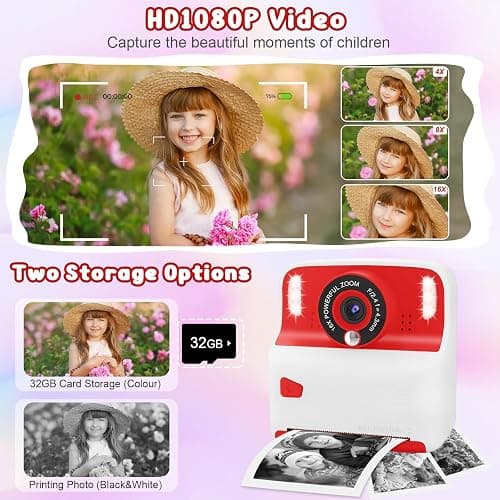 Amzelas Kids Instant Print Camera, Portable Toys Camera for Toddler, Print Black & White Photos Instantly, Ideal Birthday for Boys & Girls Ages 3–12 (White&Red) thumbnail 4