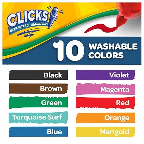 Crayola Clicks Retractable Tip Markers (10ct), Stocking Stuffers for Kids & Toddlers, Cone Tip Washable Art Marker Set, Coloring Book Supplies, No Dry, 3+ thumbnail 9
