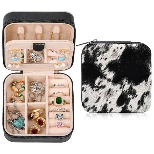 DEEKA Western Jewelry Box Case Real Leather Cow Print Cowhide Tooled Travel Jewelry Organizer Gifts Christmas Gifts for Women Country Girls Cowgirl Stuff Portable Travel Accessories -Black thumbnail 9