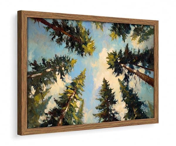 Framed Pine Forest Wall Art Canvas Print Summer Woodland Landscape Painting Cottagecore Pine Tree Picture Wall Decor for Living Room Bedroom Nursery Office12x16 In - Image 1