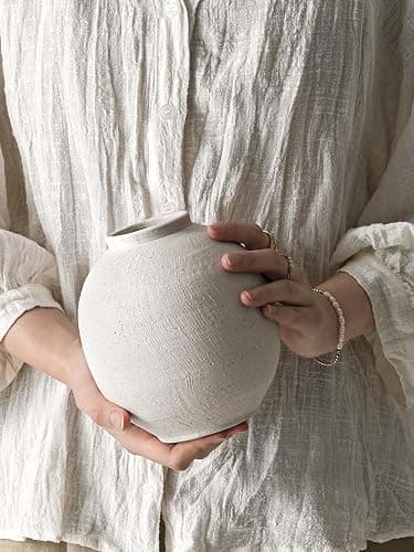 Small White Ceramic Vase - 6.3 Inch Rustic Farmhouse Flower Vase for Home Decor, Minimalist Vases for Living Room, Table, Bathroom, Holiday & Weddings (Sandstone White) thumbnail 5