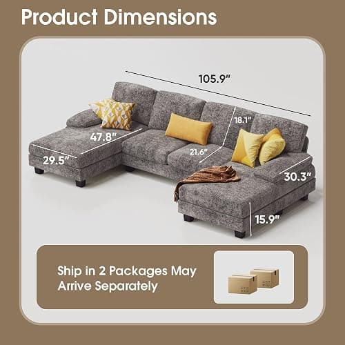 Furmax Sectional Couches for Living Room, U-Shaped Sofa Couch with Linen Fabric, 4 Seat Sofa Set with Double Chaise for Apartment (Fabric, Grey) thumbnail 2