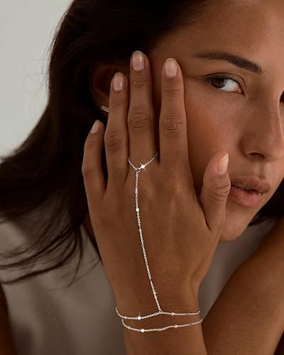 Moodear Sterling Silver Dainty Ring Bracelet Hand Chain for Women - 14K Gold Plated/Sterling Silver Layered Adjustable Satellite Bead Paperclip Dot CZ Link Hand Chain Bracelets Non Tarnish Trendy Jewelry Gift thumbnail 2
