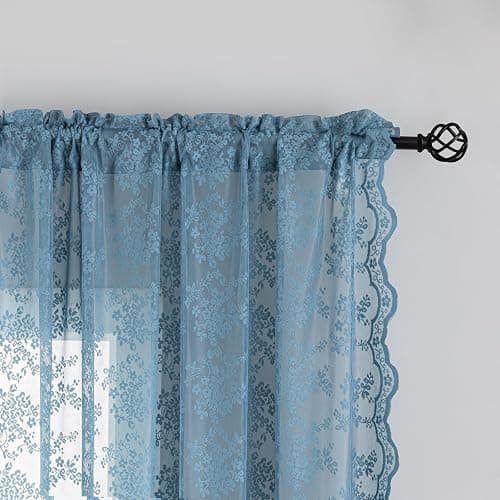YJ YANJUN Vintage Lace Curtains 84 Inch Length-Dusty Blue Floral Sheer Curtains for Bedroom Living Room Hallway Doorways 2 Panels Set Beach Coastal Decor Rod Pocket W52 X L84 inch Stone Blue thumbnail 4