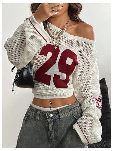 BEAUDRM Women's Y2k Tops Graphic Oversized Crochet Jersey Shirt V Neck Long Sleeve Knit Pullover Sweater Going Out Top thumbnail 5
