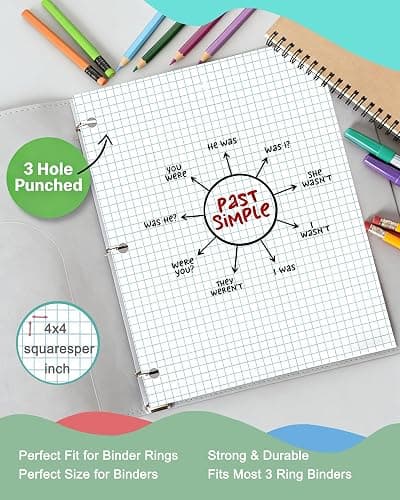 WritePads Graph Paper Loose Leaf Paper, 300 Sheets, 8 x 10.5 Inch 4x4 Quad Ruled Graphing Paper, 3 Hole Punched Filler Notebook Paper for 3 Ring Binders, 65 GSM, Made in USA thumbnail 7