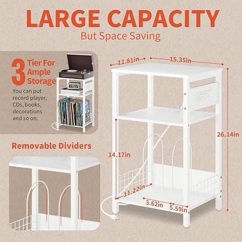 Yoobure Record Player Stand, 3-Tier White Side Table with Charging Station, Small End Table Record Holder with Vinyl Storage, Beside Tables Turntable Stand for Album CD, Night Stand for Living Room thumbnail 2