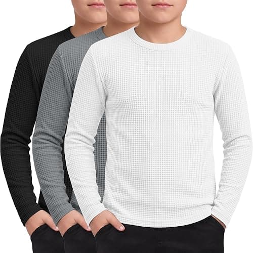 Hyggeweir 3 Pack Boys Long Sleeve Waffle Shirts | Teen Boys, Solid Tops, Crew Neck, Loose, Fall Thermal Tees, Layering, Back to School, Aged 5-14 Years, Kids - Image 1
