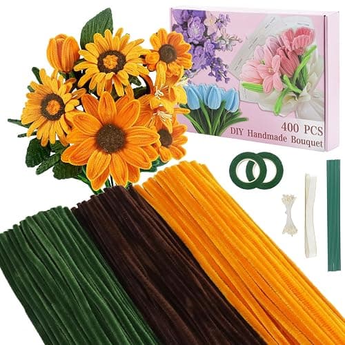 400 Pcs Golden Pipe Cleaners Craft for Flowers, 3 Colored Pipe Cleaner Flower Kit, Pastel Chenille Stems for Handmade Bouquet Wrapping Party Decorations with Floral Wire, Ribbons, Tape thumbnail 8