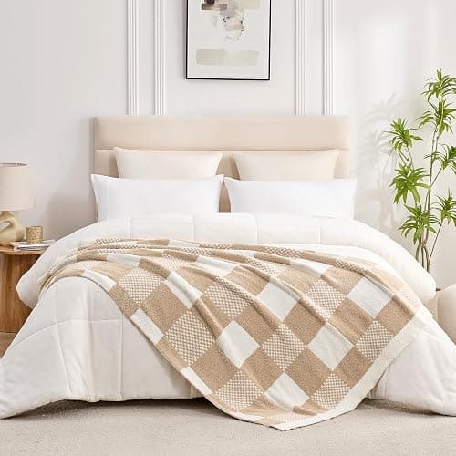 Snuggle Sac Checkered Blanket, Beige Throw Blanket for Couch Plaid Microfiber Fluffy Warm Cozy Fuzzy Soft Throw Blanket Reversible Checkered Blankets for Sofa, Chair, Bed, 50x60 inches thumbnail 5