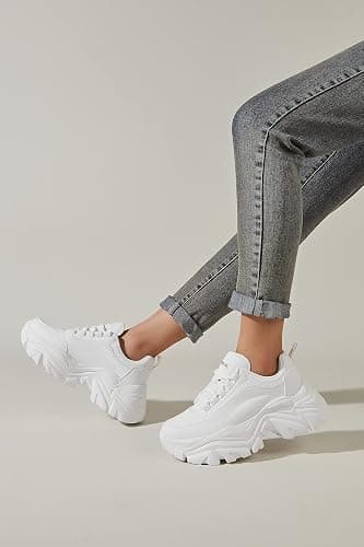 K KIP WOK Chunky Sneakers for Women Fashion Platform White Leather Casual Dad Shoes Comfortable Wedge Walking Sport Sneakers thumbnail 8