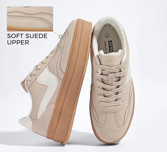 LUCKY STEP Women's Platform Fashion Sneakers Thick Sole Suede Genuine Leather Classic Rubber Gum Sole Low Top Casual Walking Shoes thumbnail 4