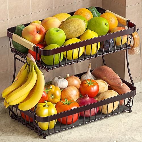 Sevenblue 2 Tier Fruit Basket for Kitchen Counter with 2 Banana Hangers, 2025 Pro Detachable Metal Fruit Bowl with Wooden Handle,Fruit Holder for Bread Snack Veggies, Brown - Image 1