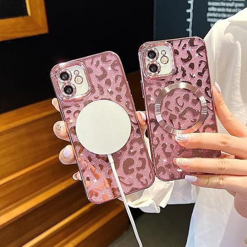 ZONRW for iPhone 12 Case Magnetic,Soft Cute Luxury Leopard Cheetah Pattern Plating Glitter Bling Phone Case Compatible with MagSafe Clear Shockproof Back Cover for Women Girl 6.1"-Pink thumbnail 3