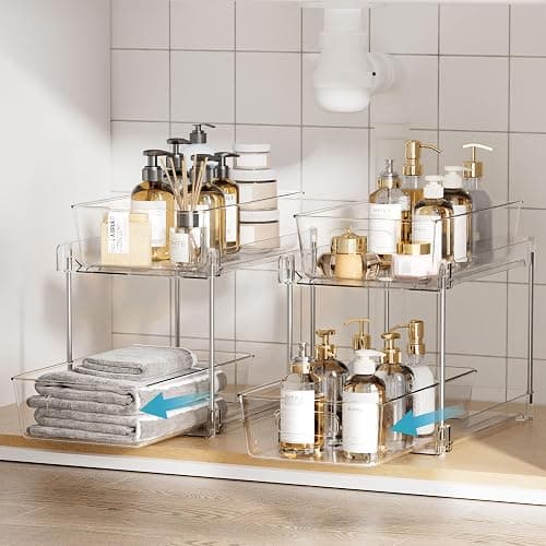 Vtopmart 4 Pack Bathroom Organizer, 2 Tier Clear Under Sink Organizers Vanity Countertop Storage Container,Cabinet Drawers Bins, Pull-Out Organization with Track for Pantry, Kitchen thumbnail 4