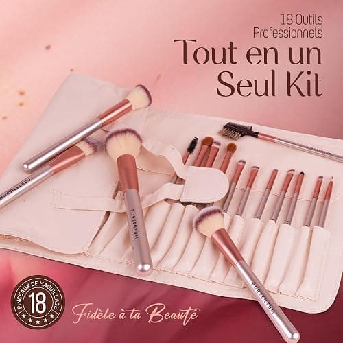 PORTENTUM Pinceaux maquillages Lot de 18 avec étui de voyage, manche en bois professionnel Kabuki en fibre synthétique de qualité supérieure pour fond de teint thumbnail 6